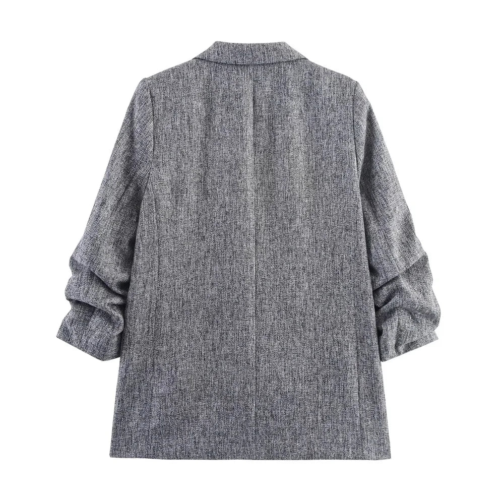 Autumn new women's clothing retro loose temperament simple fashion versatile pleated sleeves casual suit jacket