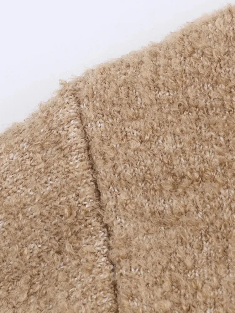 Women Autumn Winter New Color-block Knitwear Fleece Jacket Street Style Women's Fashion Outerwear Elegant Stand Collar Coat