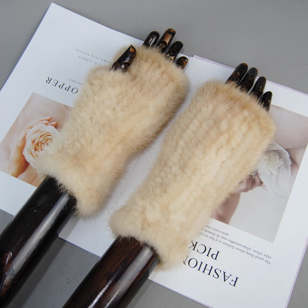 New Style Women Winter Real Mink Fur Gloves 100% Natural Warm Mink Fur Fingerless Gloves Girls Knitted Genuine Mink Fur Mittens