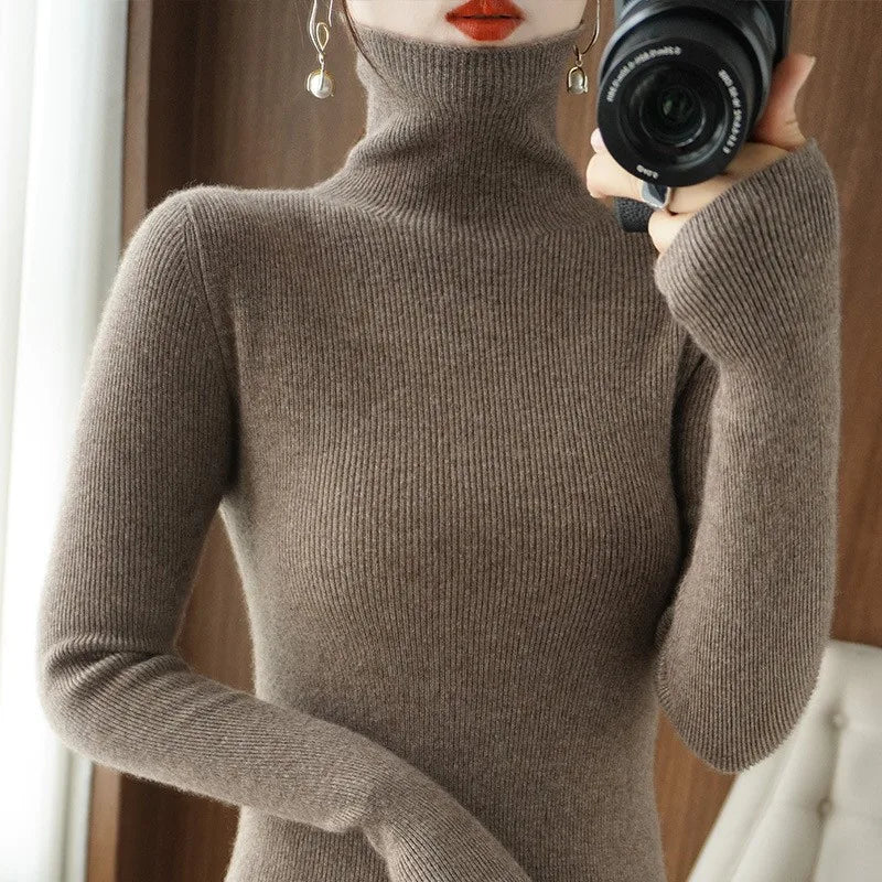 Women Heaps Collar Turtleneck Sweaters Autumn Winter Slim Pullover Women Basic Tops Casual Soft Knit Sweater Soft Warm Jumper