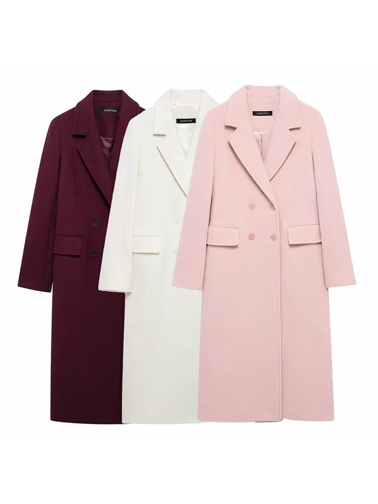 Women Autumn Burgundy Multicolour Wool Blended Overcoat for Women Fashion New Warm Double Breasted Lapel Long Coat Jacket