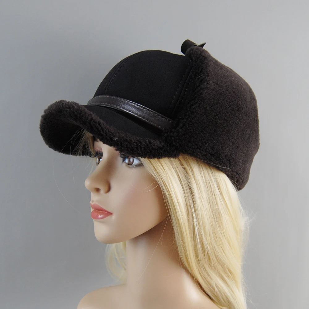 High Quality 2025 Winter Leather Hat Men Fur Lamb Wool Warm Thick Earflaps Bomber Hats Men's Baseball Cap Russian Hat