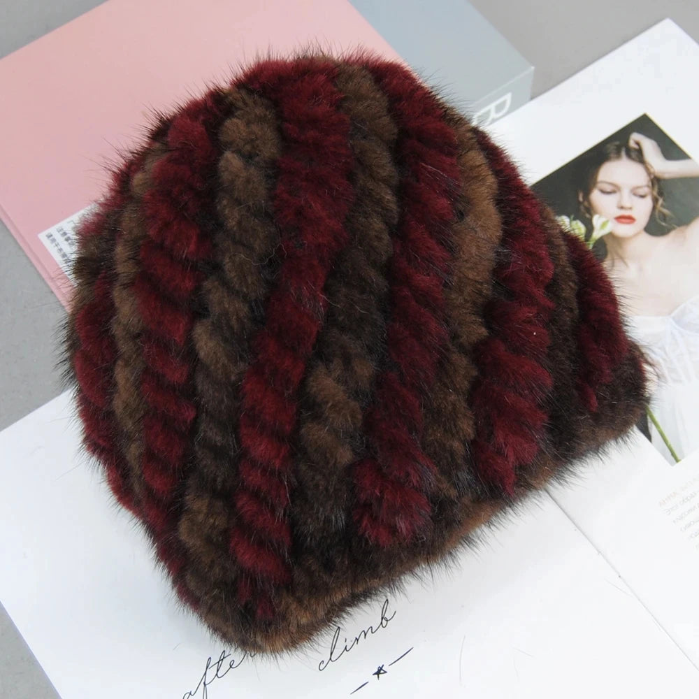 New Style Brand Fashion Genuine real natural women's knitted Mink Fur Hat Hand Made Knit Fashion Winter Headgear Berets cap