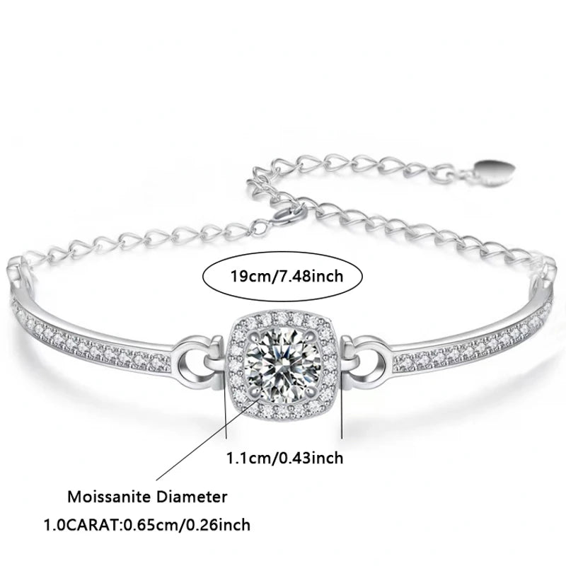 925 Sterling Silver 1 Carat Moissanite Square Bag Bracelet Chain Stylish Elegant Noble and Luxury Birthday Gift for Girlfriend