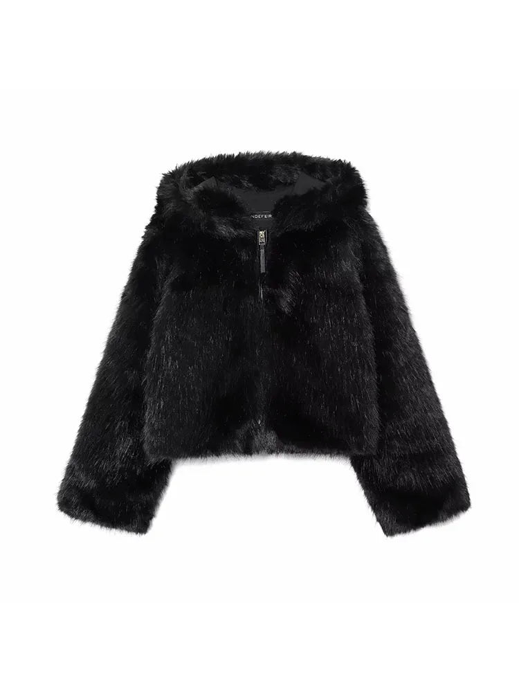 Women 2025 Winter New Hooded Short Faux Fur Jacket O Neck Women's Furry Jacket Long Sleeves Plush Coat Stylish Streetwear Top