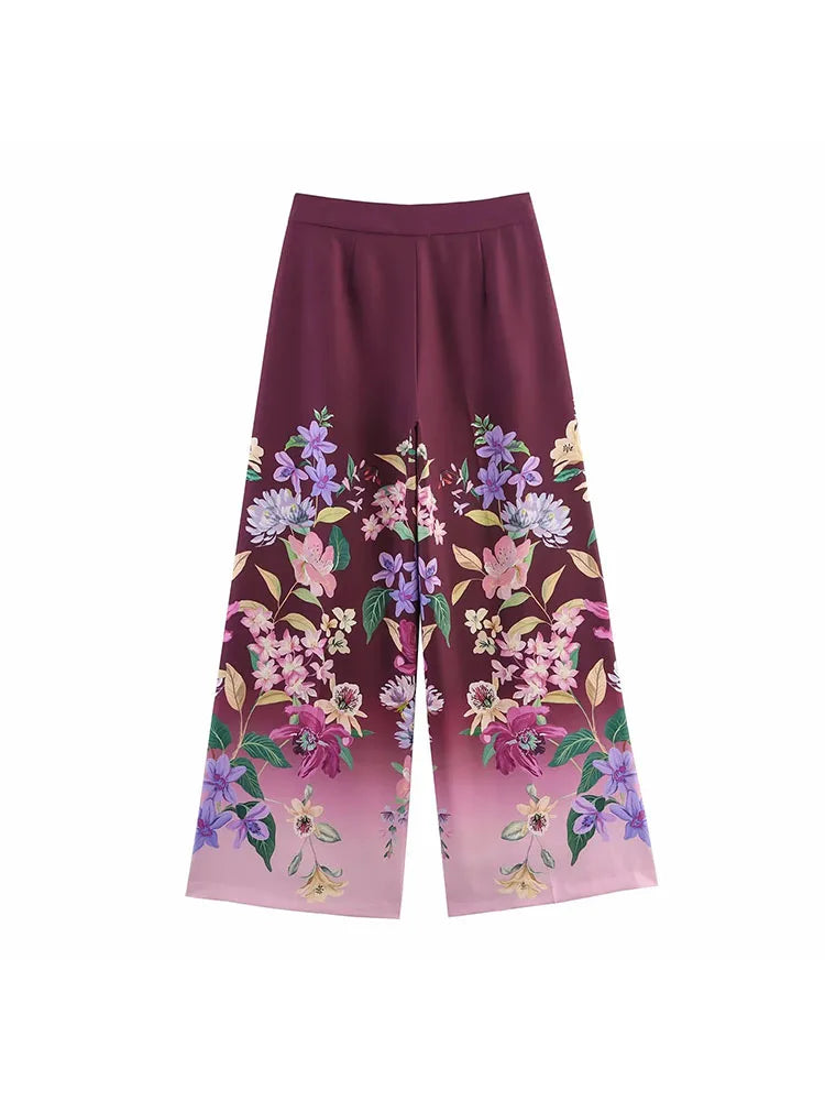 2025 Women's Casual Loose Holiday Floral Print Long Pants High Waist Wide Leg Pants Design Comfortable Polyester Fiber