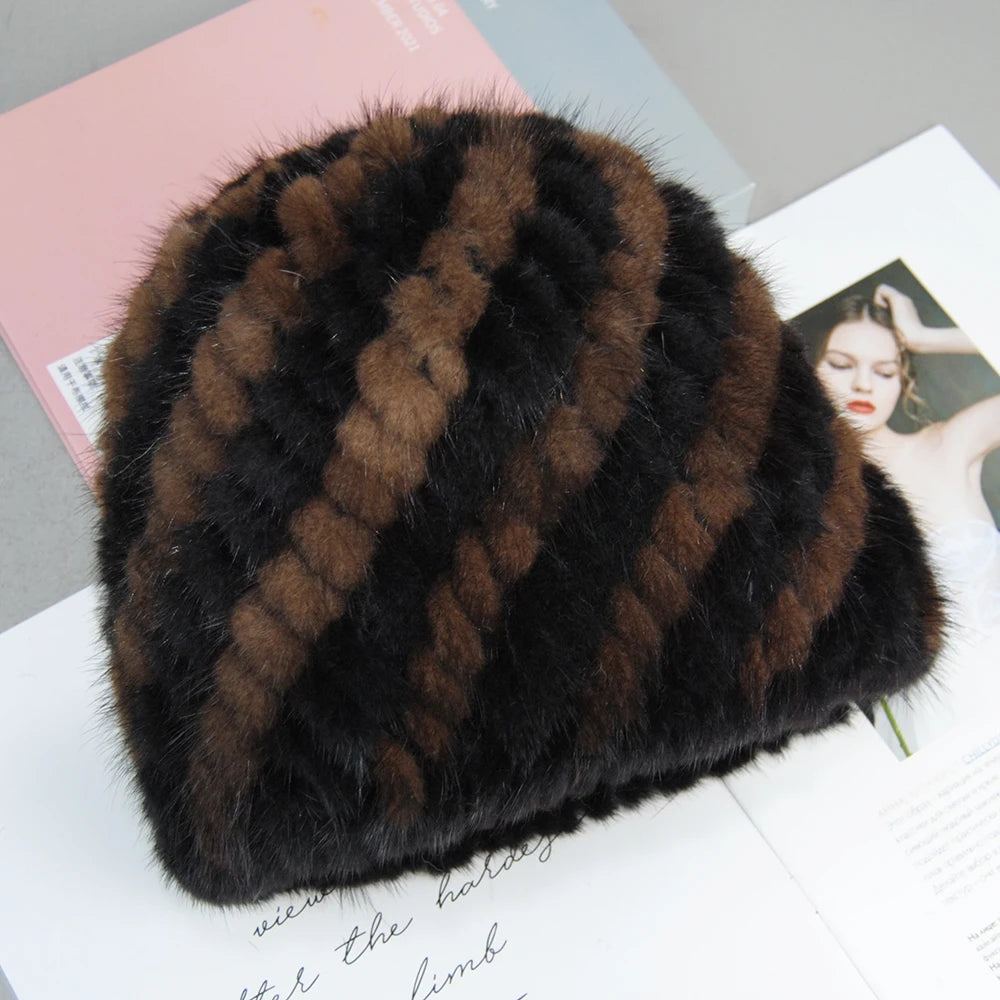 New Style Brand Fashion Genuine real natural women's knitted Mink Fur Hat Hand Made Knit Fashion Winter Headgear Berets cap