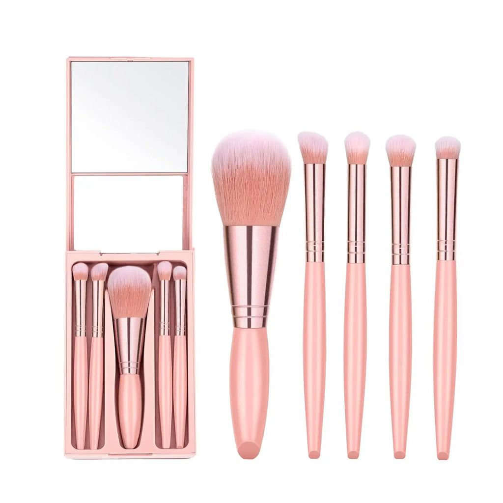 5-Piece Makeup Brush Set with Mirror, Travel Soft Bristle Loose Powder, Eyeshadow, and Blush Brush, Portable Makeup Brush Kit.