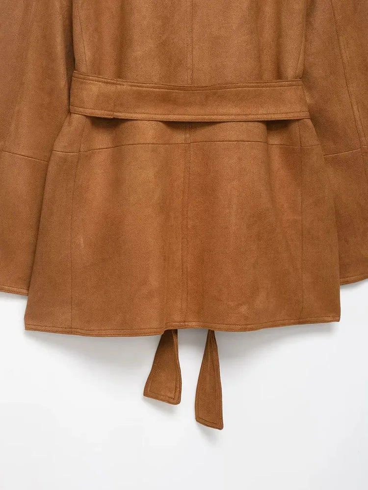 Women's Vintage Solid Elegant Blazer Suede Fashion 2025 Autumn Office Lady Sashes Chic Loose Chic Streetwear Mujer Outwear