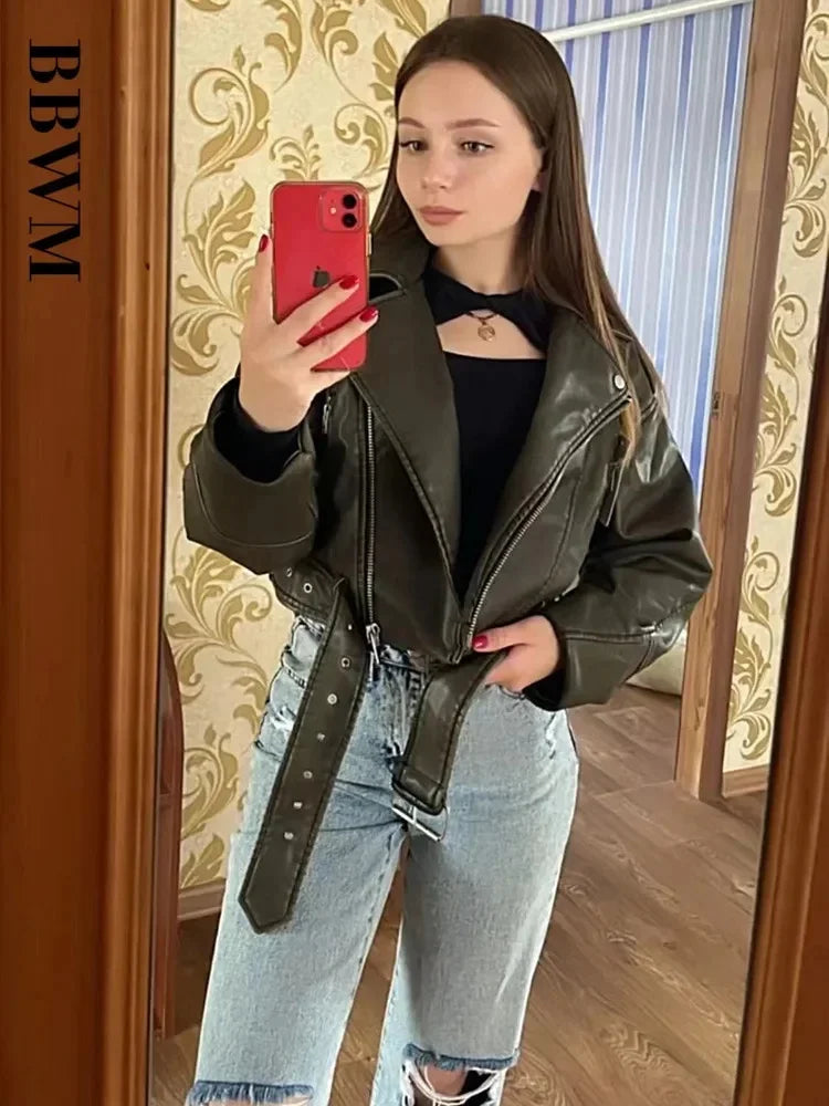 2025 Women Oversized Vintage Loose Pu Faux Leather Short Jacket with Belt Streetwear Female Zipper Retro Moto Biker Coat Outwear