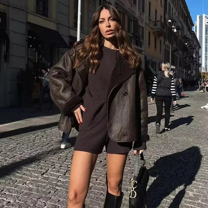 MUJER Faux Leather Jackets for Women Winter Warm Bomber Jacket Woman Long Sleeve Womens Coats Plush Oversized Women's Jackets