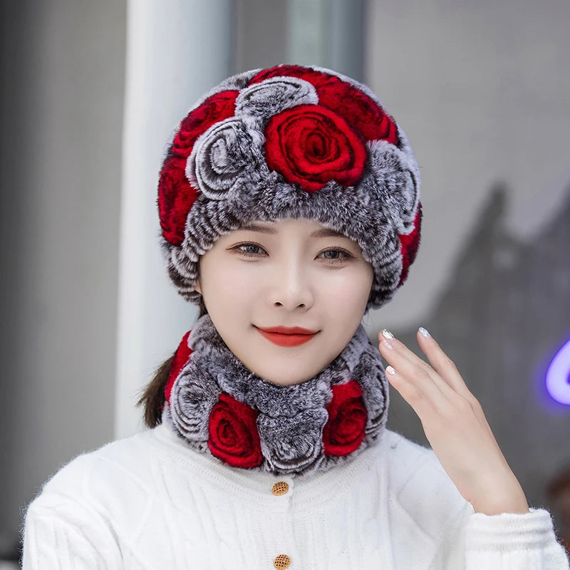 Winter Knitted 100% Natural Fur Hats Scarves Sets Women Warm Real Rex Rabbit Fur Hat Scarf Lady Fashiom Thick Rex Rabbit Fur Hat