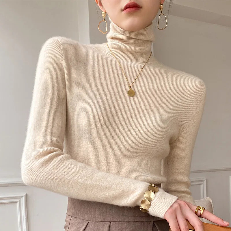 Women Heaps Collar Turtleneck Sweaters Autumn Winter Slim Pullover Women Basic Tops Casual Soft Knit Sweater Soft Warm Jumper