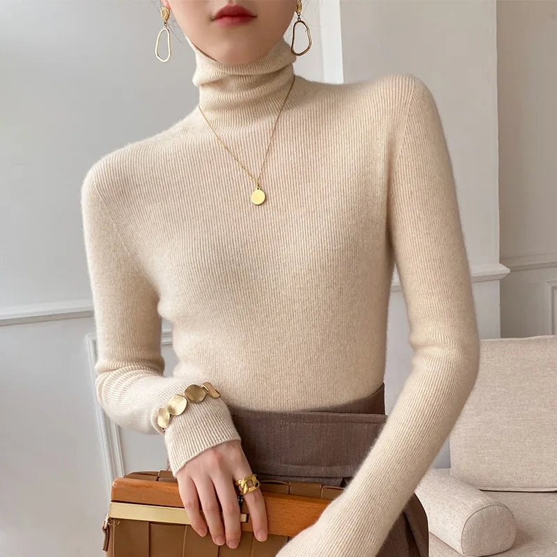 Women Heaps Collar Turtleneck Sweaters Autumn Winter Slim Pullover Women Basic Tops Casual Soft Knit Sweater Soft Warm Jumper