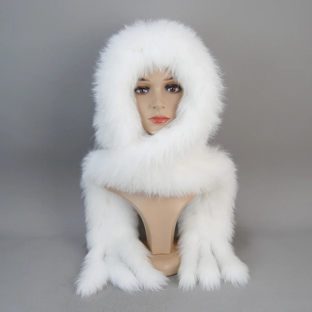 Luxury Knit Genuine Fur Caps Muffler Winter Thick Women 100% Natural Fox Fur Hat Scarves Lady Warm Fluffy Real Fox Fur Hat Scarf