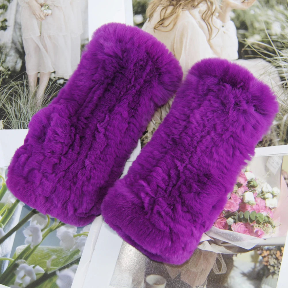 2025 Fashion Real Rex Rabbit Fur Women's Winter Gloves Genuine Fur Mittens Girl Fingerless Gloves Wrist Warmer Elastic Fluffy