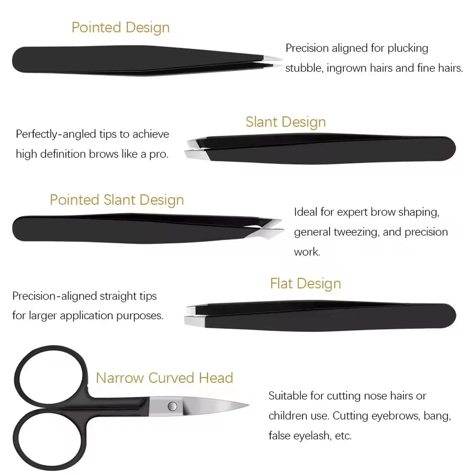 5-Piece Stainless Steel Beauty Tweezers Set Professional Eyebrow Eyelash & Fine Hair Removal Makeup Tools