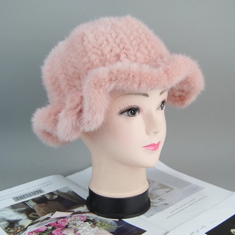 Women's Hat 2025 New Winter Real Mink Fur Hat Casual Luxury Flower Knitted Bucket Hat Pots Cap Lady Natural Mink Fur Cap Beanies