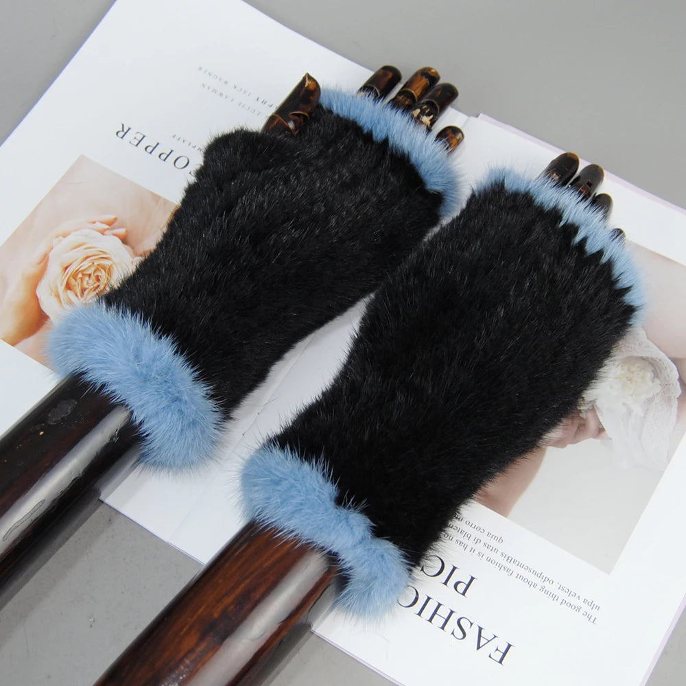 New Style Women Winter Real Mink Fur Gloves 100% Natural Warm Mink Fur Fingerless Gloves Girls Knitted Genuine Mink Fur Mittens