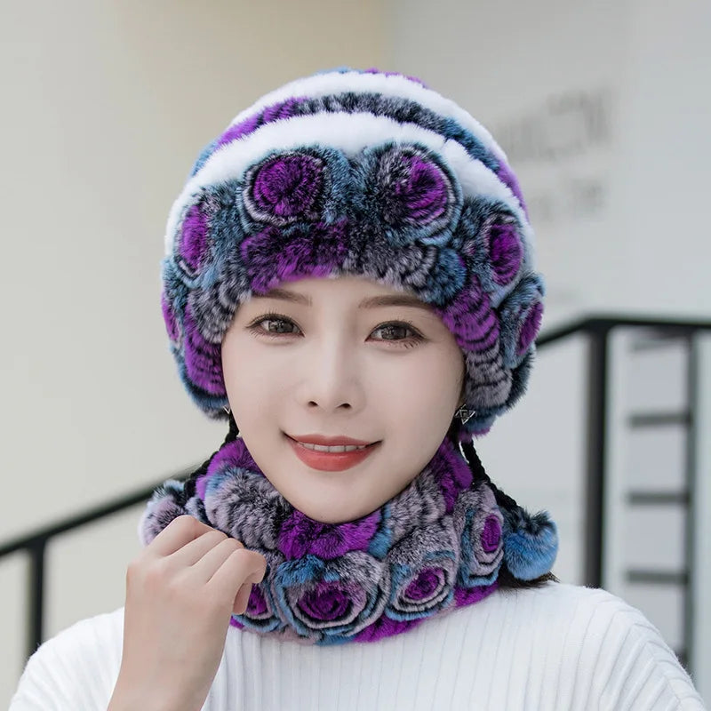 Hot Sale Women Warm Rex Rabbit Fur Hat Scarf Sets Winter Lady Knit Fur Hats Muffler 2 Pieces Natural Rex Rabbit Fur Cap Scarves