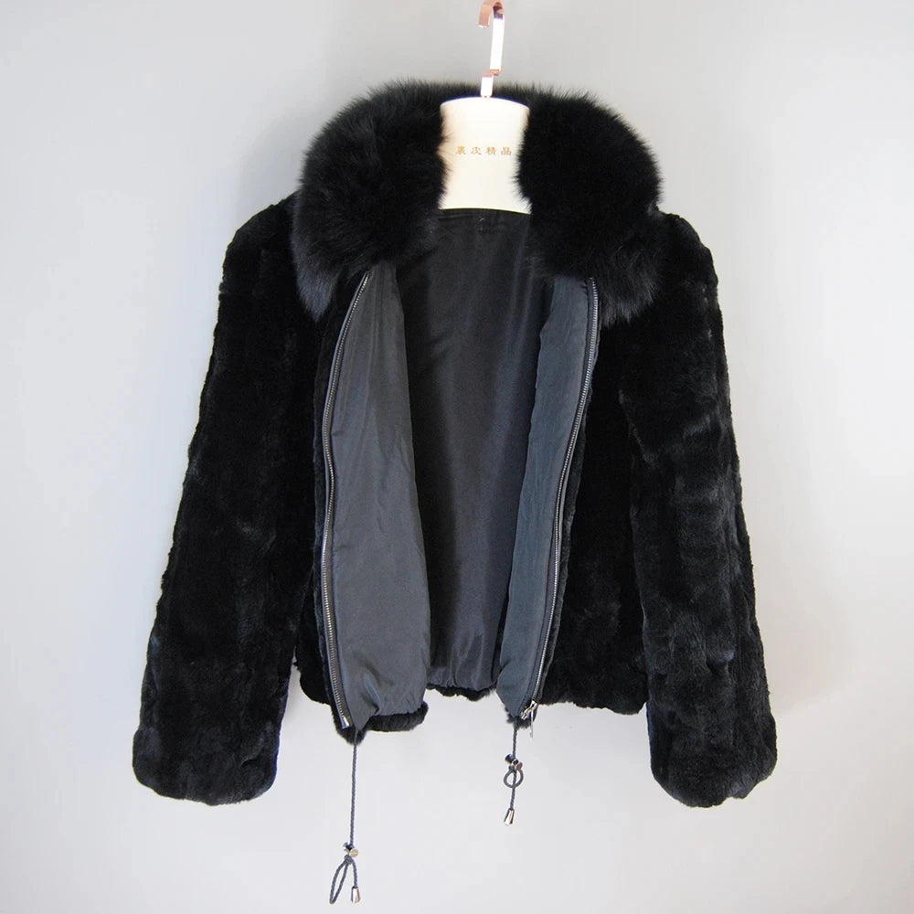 Hot Sale Women Winter Warm Soft Quality Real Rex Rabbit Fur Coat Rex Rabbit Fur Short Jacket Big Real Fox Fur Collar Overcoat