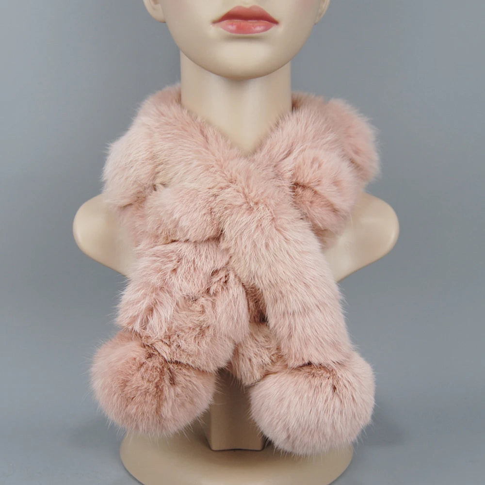 2025 New Russian Women Genuine Rabbit Fur Scarf Winter Ladies Warm Real Rabbit Fur Muffler Fluffy Pompoms Natural Fur Scarves