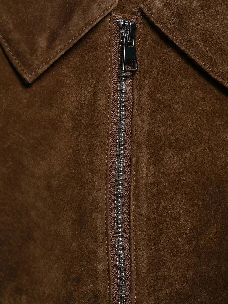 Women's 2025 Autumn New Vintage Suede Women Short Jacket Lapel Long Sleeve Zippers Female Outwear Elegant Lady Streetwear