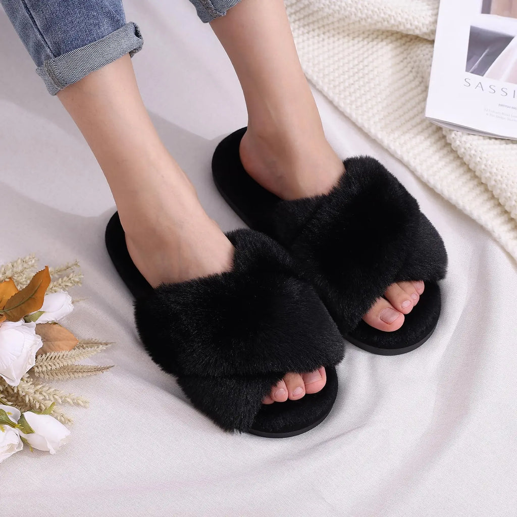 Eyriphy Indoor Open Toe Flats Cotton Shoes Comfort House Slippers Winter Fluffy Fur Slippers Women Fashion Plush Fuzzy Slippers