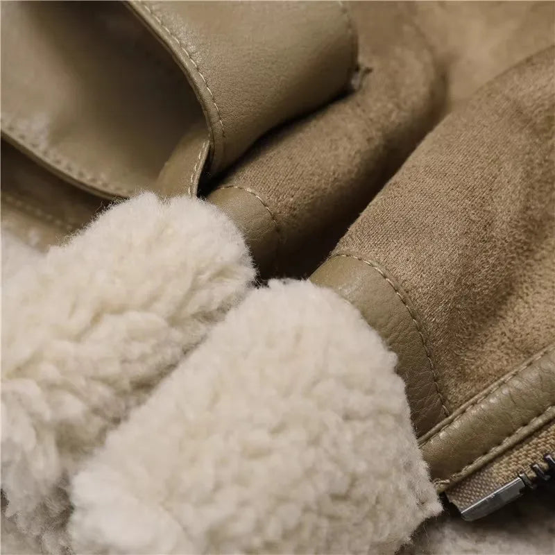 2025 Winter Women Thick Warm Suede Lamb Jacket Short Motorcycle Brown Coats Faux Shearling Sheepskin Leather Jackets Outwear