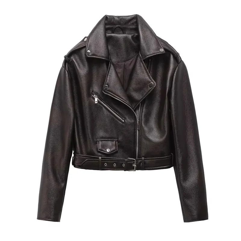2025 Light Faux Spring Autumn Women Retro Short Soft Leather Jacket Vintage Female Belt Zipper Coat Moto Biker Outwear Tops