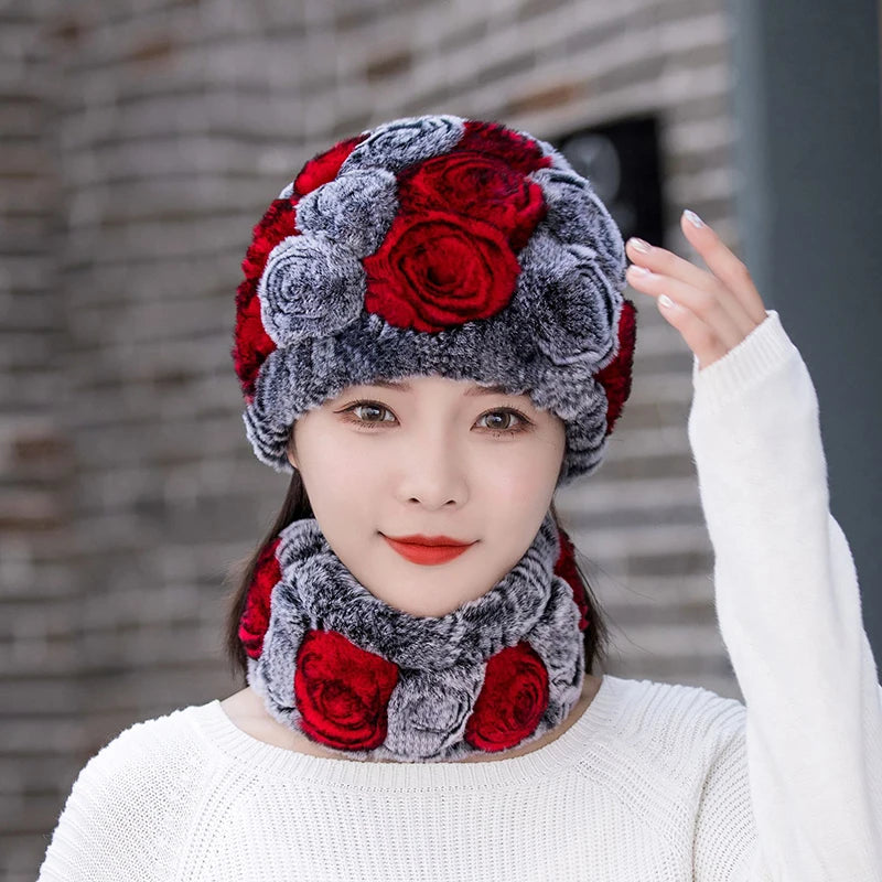 Winter Knitted 100% Natural Fur Hats Scarves Sets Women Warm Real Rex Rabbit Fur Hat Scarf Lady Fashiom Thick Rex Rabbit Fur Hat