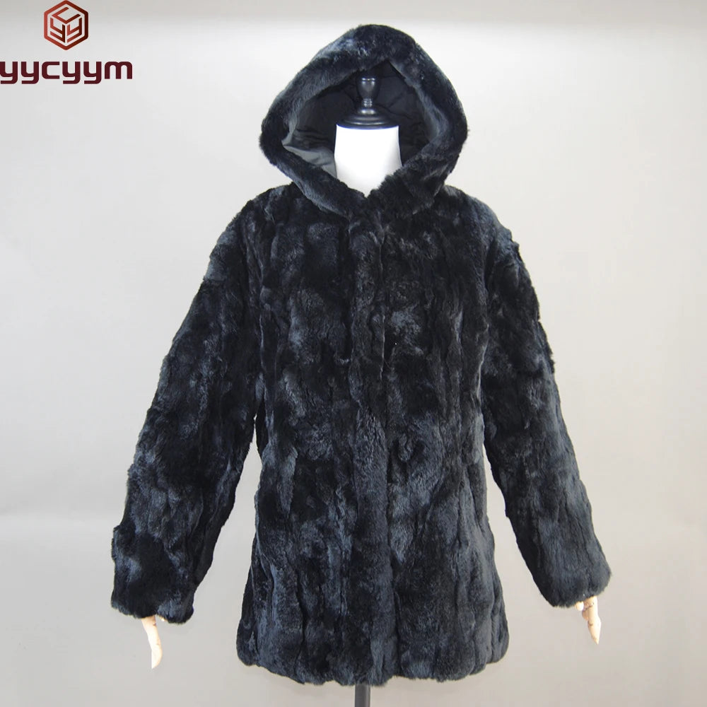 Lady Real Rex Rabbit Fur Coat Luxury Hooded Genuine Rex Rabbit Fur Jacket 2025 Fashion Women Whole Skin Real Rex Rabbit Fur Coat