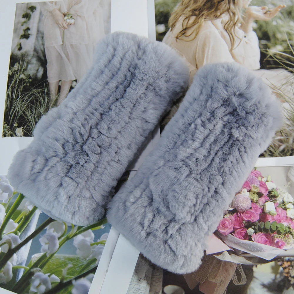 2025 Fashion Real Rex Rabbit Fur Women's Winter Gloves Genuine Fur Mittens Girl Fingerless Gloves Wrist Warmer Elastic Fluffy