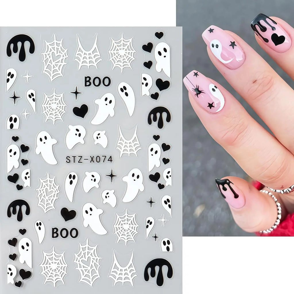 6 Halloween DIY Nail Stickers with 3D Self-Adhesive Nail Art Featuring Bats, Ghosts, and Pumpkins, Perfect for Party Decorations