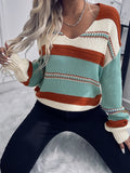 Fashionable women's V-neck striped contrasting pullover long sleeved knitted sweater