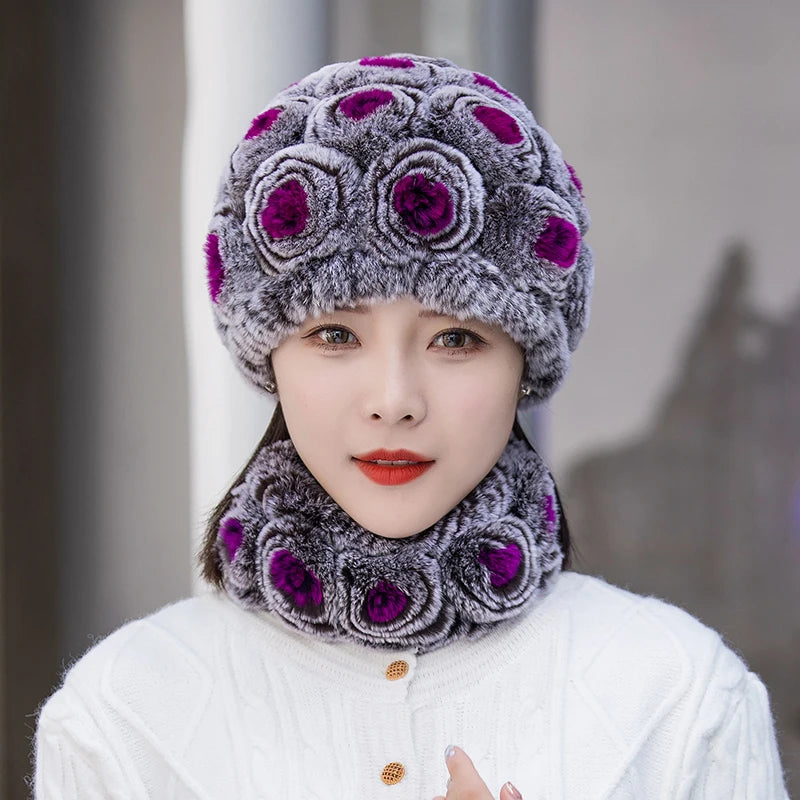 Winter Knitted 100% Natural Fur Hats Scarves Sets Women Warm Real Rex Rabbit Fur Hat Scarf Lady Fashiom Thick Rex Rabbit Fur Hat