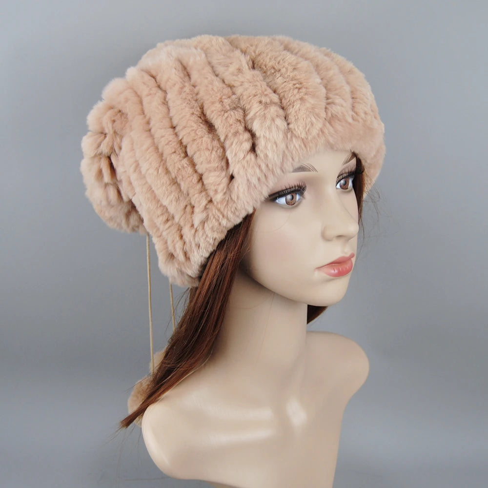Winter Luxury Women Real Natural Rex Rabbit Fur Hats Fashion Lady Knitted Genuine Fur Caps Russian Outdoor Warm Fur Hats Beanies