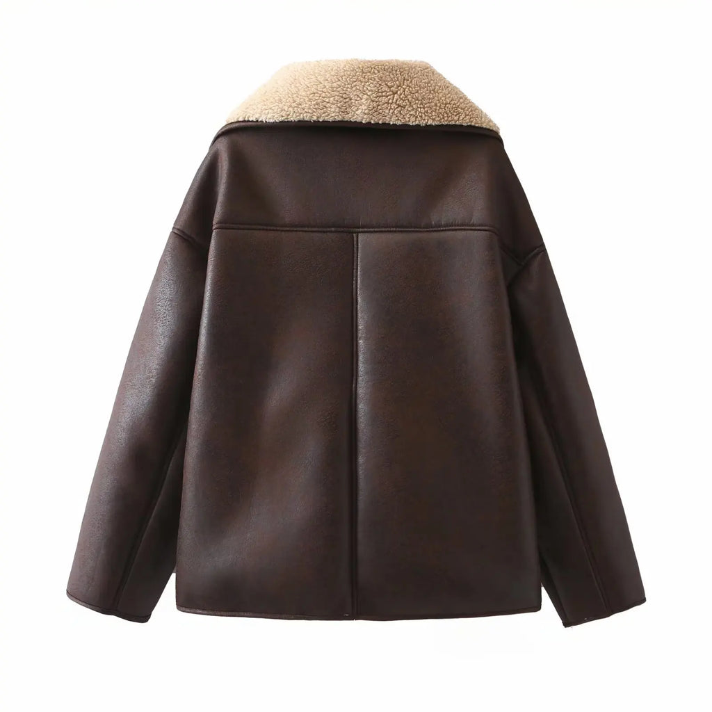 Vintage Casual Women Jackets Artificial Leather Turn-down Collar Single Breasted Loose Thick Coats Fashion Outwears