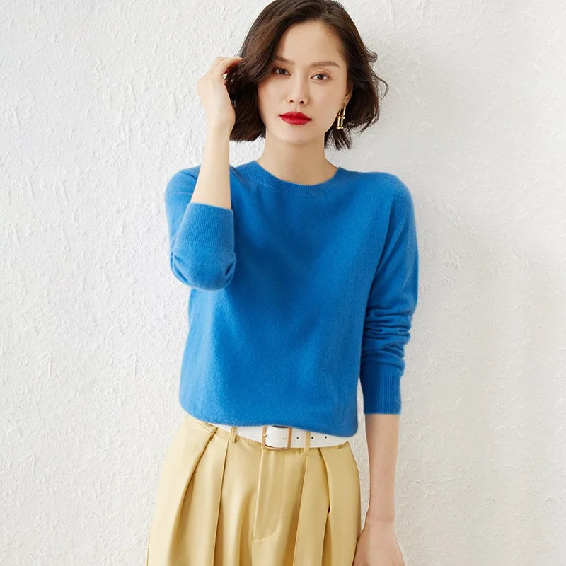 High Quality Pure Colors Spring Autumn Winter European Style Women Fashion Pullovers Knitted Cashmere Wool Sweater Lady Big Size