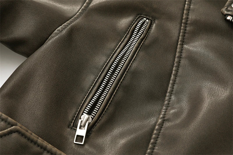 Army greeNew Coal graysty le Women's washed leather jacket with belt, short coat with downgraded zipper and vintage lapel jacket