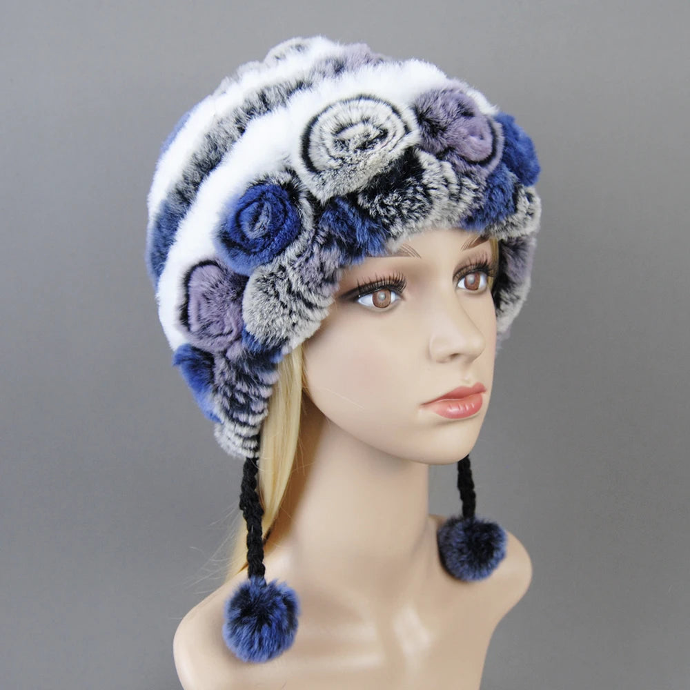 Hot Sale Women Warm Rex Rabbit Fur Hat Scarf Sets Winter Lady Knit Fur Hats Muffler 2 Pieces Natural Rex Rabbit Fur Cap Scarves