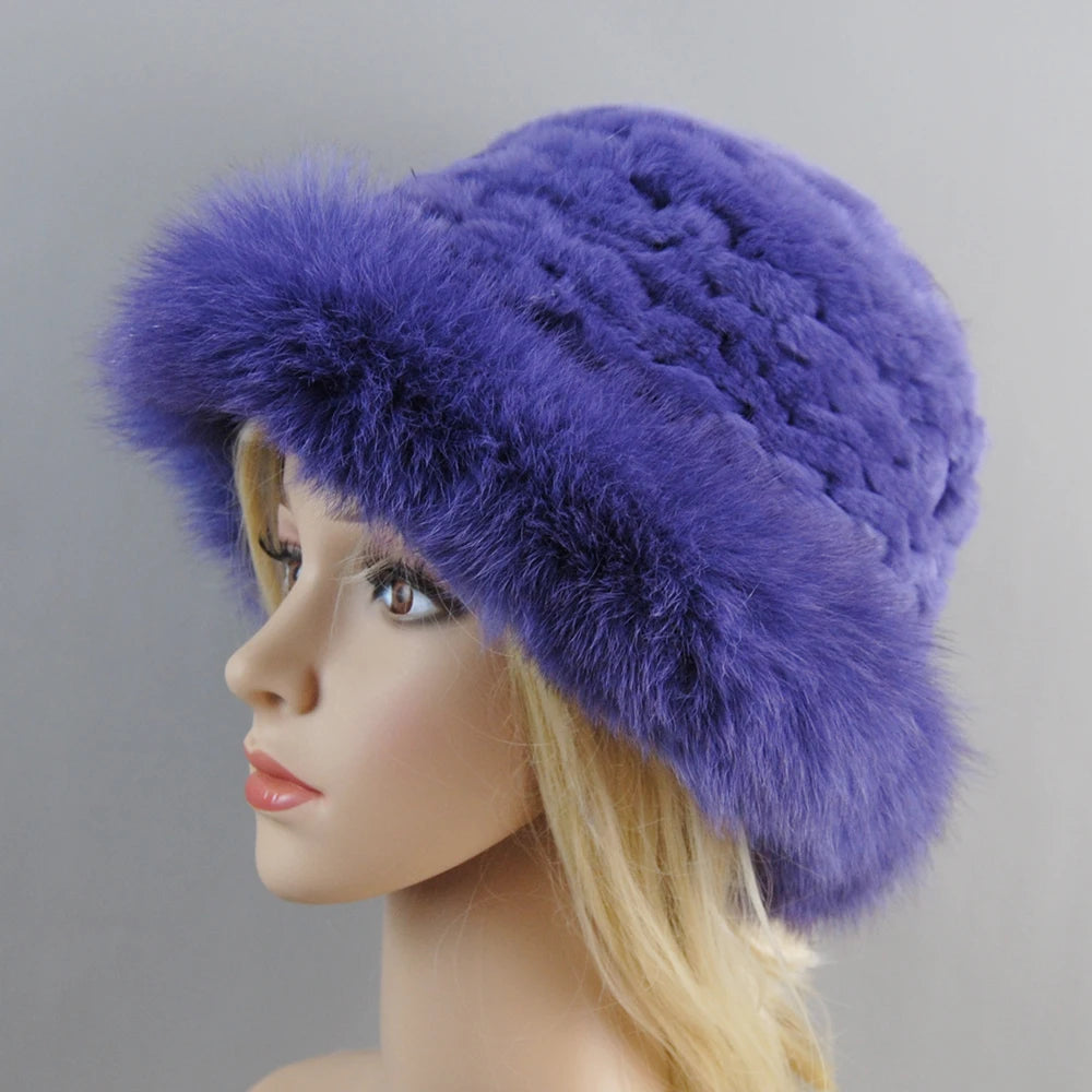 New Style Luxury Knitted Real Genuine Fox Fur Hats Women Beanies Solid Rex Rabbit Fur Caps Winter Lady Fashion Fur Skullies Hat