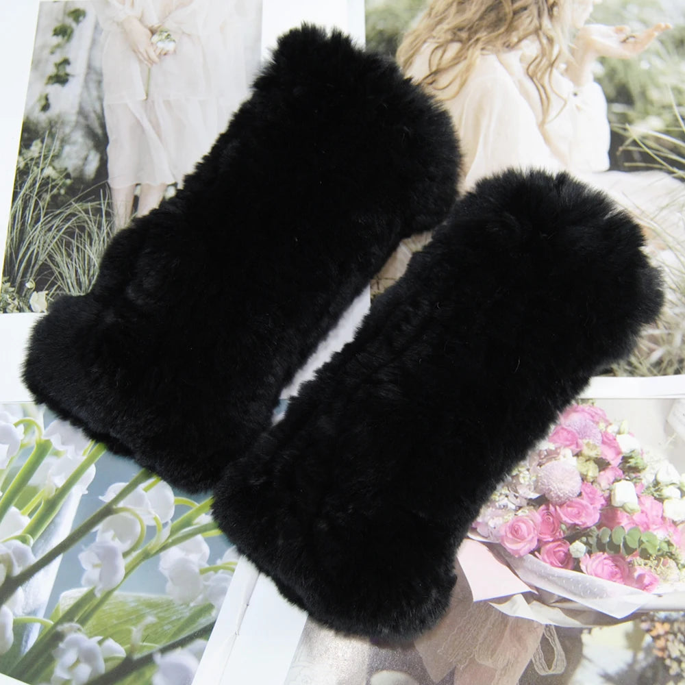 2025 Fashion Real Rex Rabbit Fur Women's Winter Gloves Genuine Fur Mittens Girl Fingerless Gloves Wrist Warmer Elastic Fluffy