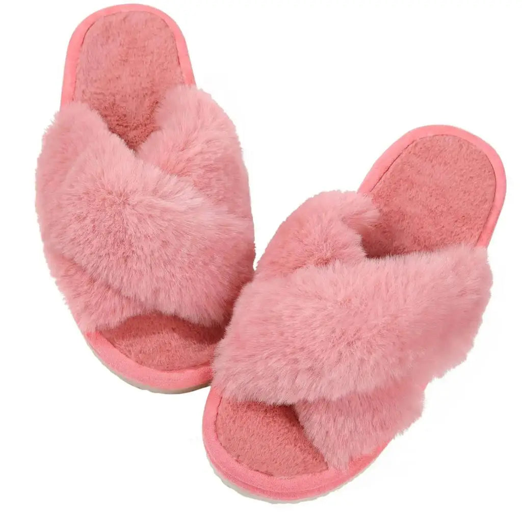 Eyriphy Indoor Open Toe Flats Cotton Shoes Comfort House Slippers Winter Fluffy Fur Slippers Women Fashion Plush Fuzzy Slippers