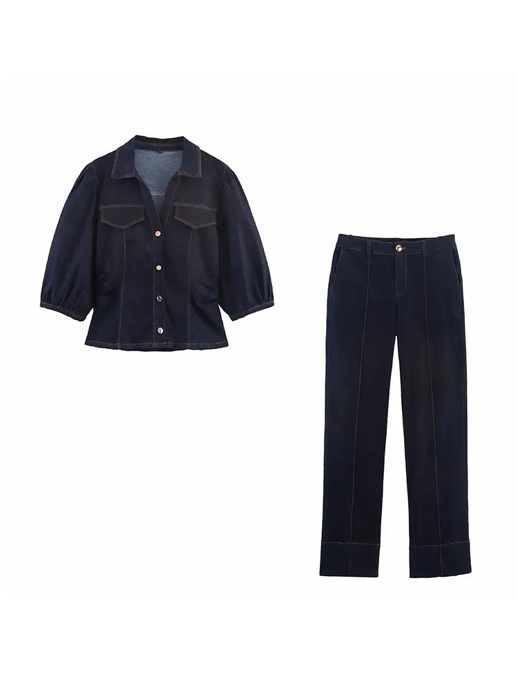 Women's 2025 Vintage Denim Set Single Breasted Lapel Shirt With High Waist Wide Leg Jeans Fall High Street Casual Outfit