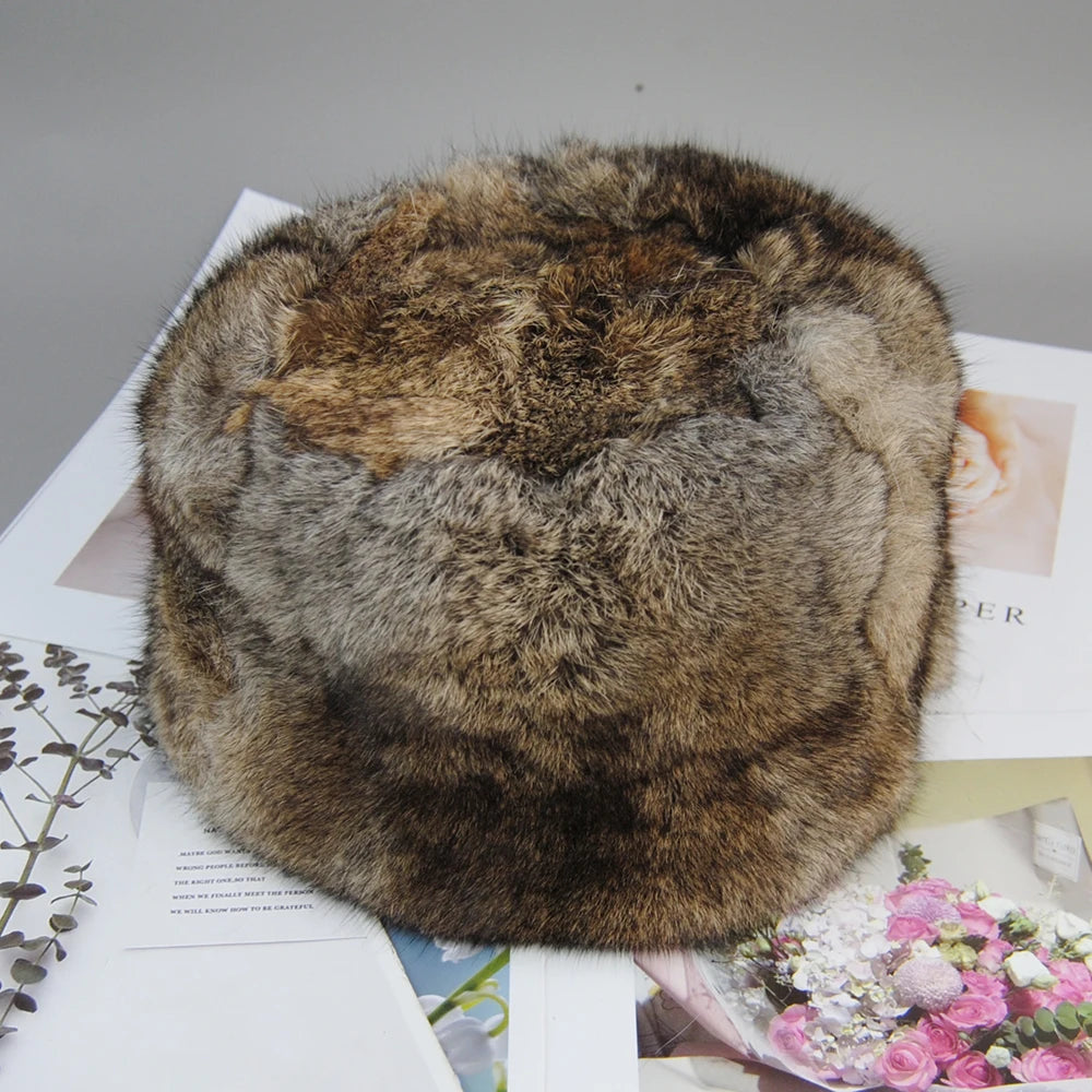 New Style Fashion Rabbit Fur Cap Unisex Winter Genuine 100% Fur Bomber Hat Windproof Warm Earmuff Flat Outdoor Warm Russian Hat