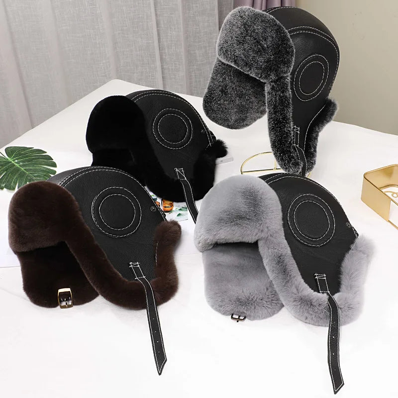 2025 Fashion Men's 100% Natural Rex Rabbit Fur Bomber Hats Winter Russian Man Warm Real Sheepskin Leather Hat Male Real Fur Caps