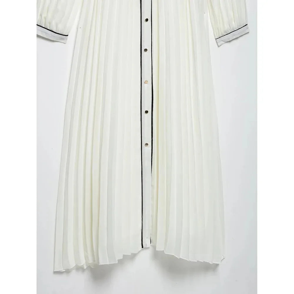 Women's Colourful Lapel Pleated Dress Corseted Long Sleeve Single Breasted (With Belt) Long Dress Elegant Women's Clothing