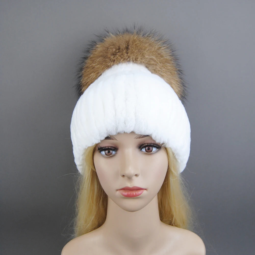 New Winter Warm Real Rex Rabbit Fur Hats Beanies 100% Natural Fur Caps Fashion Knitted Genuine Fur Hat With Raccoon Fur Ball