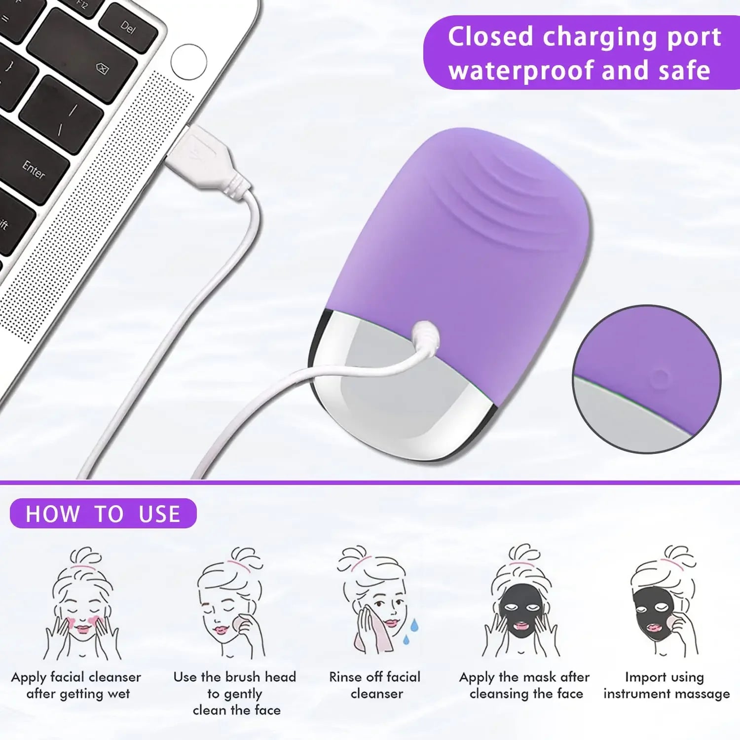Facial Electric Silicone Cleansing Brush, Ultrasonic Vibration Massage Deep Cleansing Device, USB Rechargeable